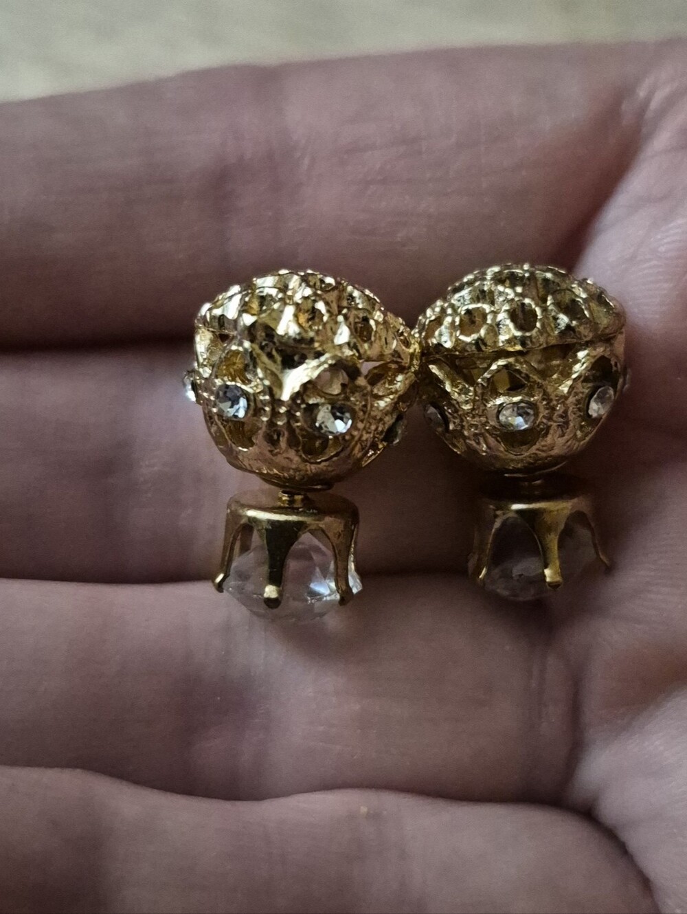 Gold Tone Filigree Double Sided Stud Earrings Crystal Ball Front Back
